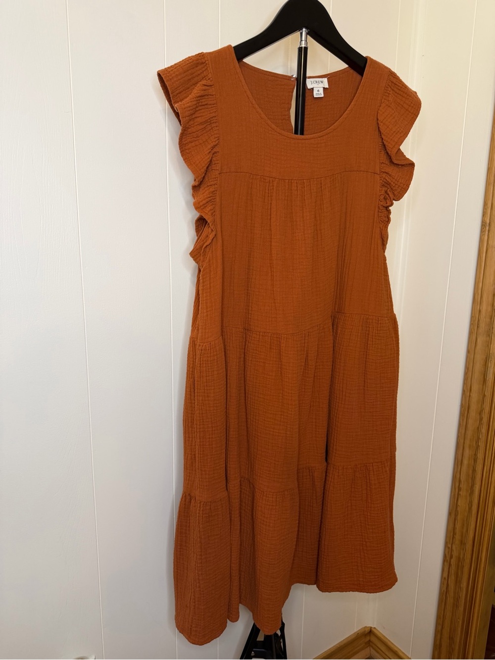 J. Crew Rust Waffle Tiered Ruffle Sleeve Midi Dress